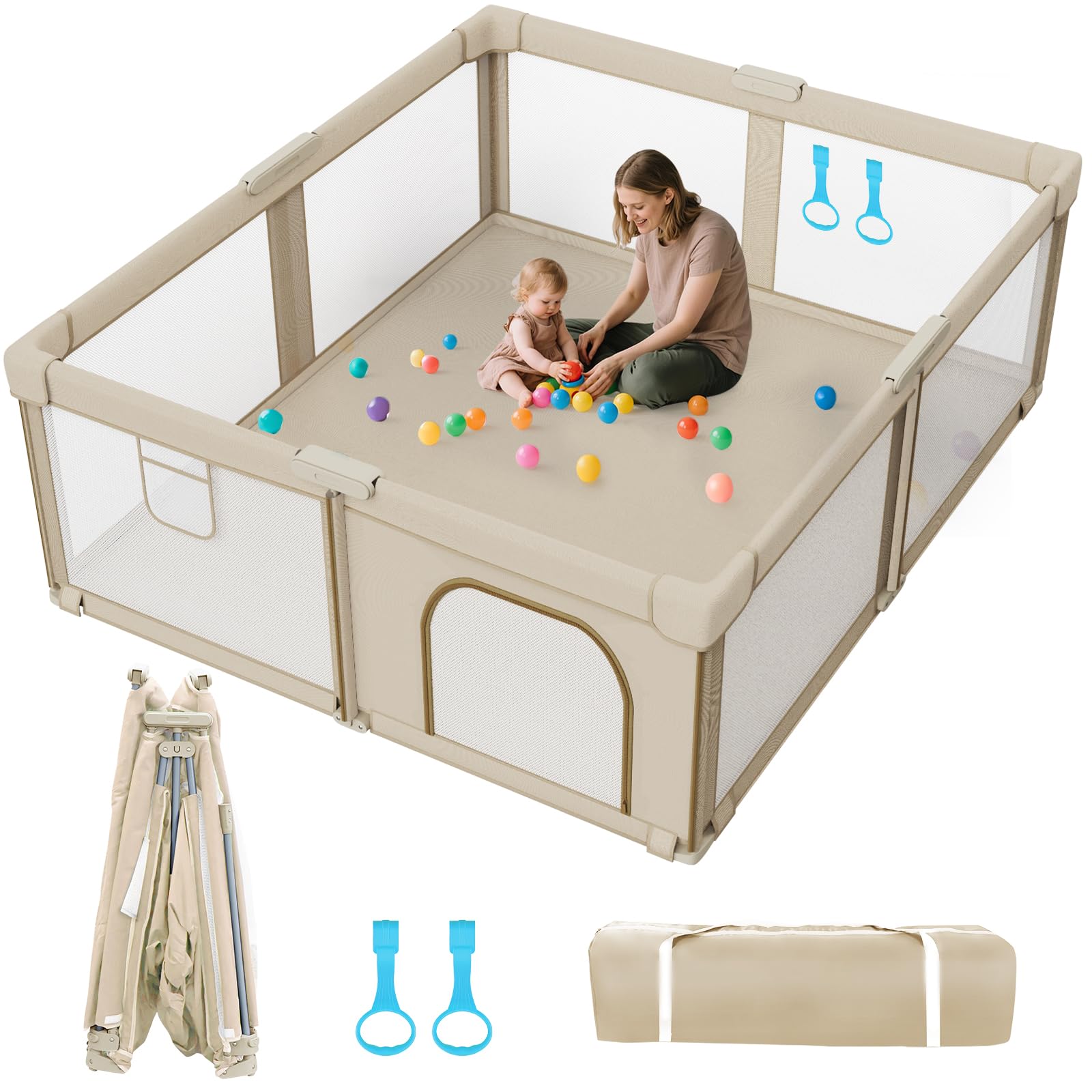 foldable baby playpen: 79” x 71” super large playpen for babies and toddlers - portable play pen for babies with breathable mesh & 2 pulling handle - baby play yard for outdoor & indoor