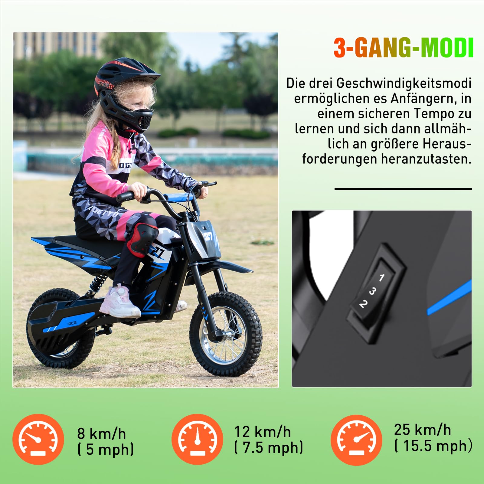 R9X Elektro Motorrad Kinder, Elektromotorrad mit 3 Geschwindigkeitsmodus, Max 25km/h, 36V/5,2Ah Akku, Reichweite 17KM, 12 Zoll Luftreifen, Moto Crossbike für Kinder （blau）