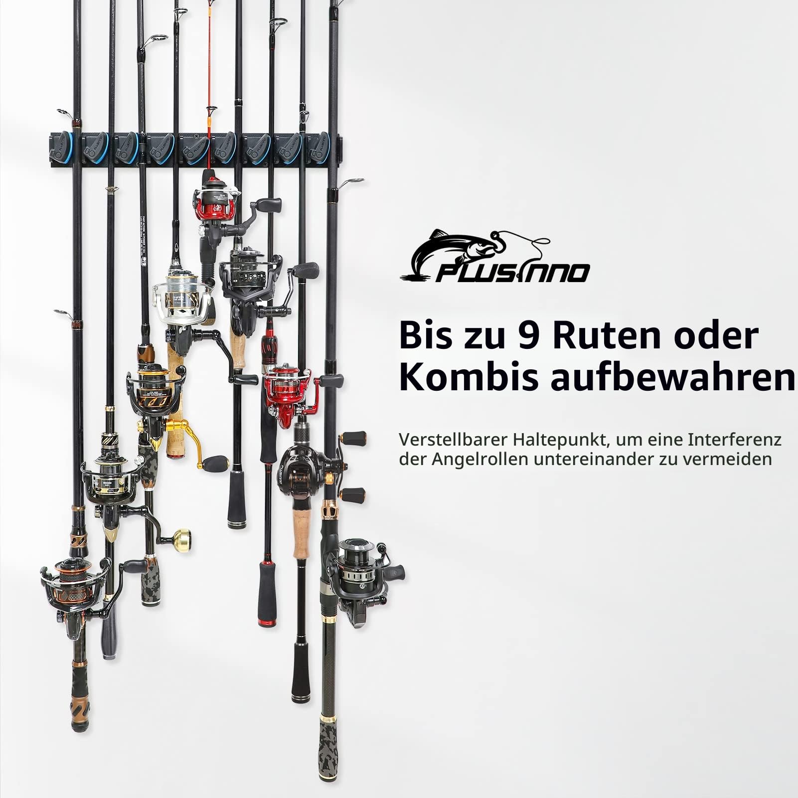 PLUSINNO Vertikaler Angelrutenhalter, Wandmontage, Angelrutenhalter für bis zu 18 Ruten oder Kombinationen, Angelrutenhalter für Garage, passend für die meisten Ruten mit einem Durchmesser von 3-19 mm
