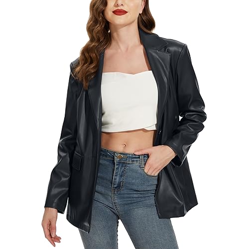 Fahsyee Women's Faux Leather Blazer Jackets, Motorcycle Oversized Moto Biker Coat Vegan Pleather Fashion