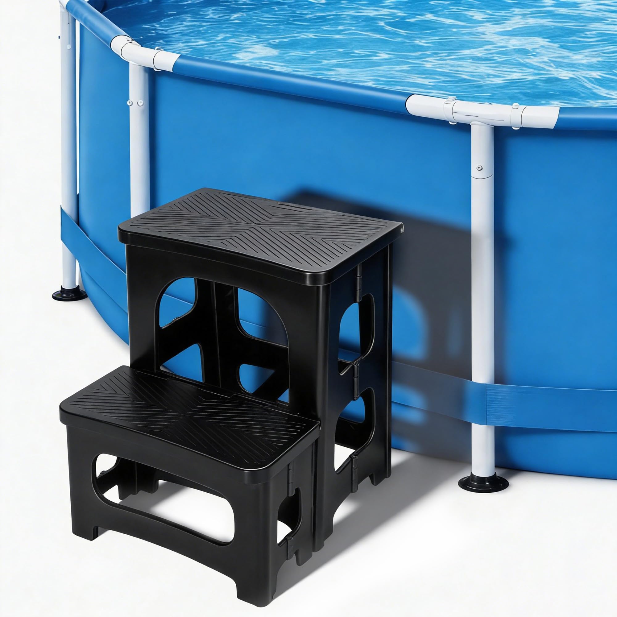 DECOHS Foldable Spa Hot Tub Steps, Non-Slip 2 Step Stool Pool Ladder, Universal Spa Steps Hot Tub Stairs for Outdoor Indoor Deck Patio Steps Accessories, Black