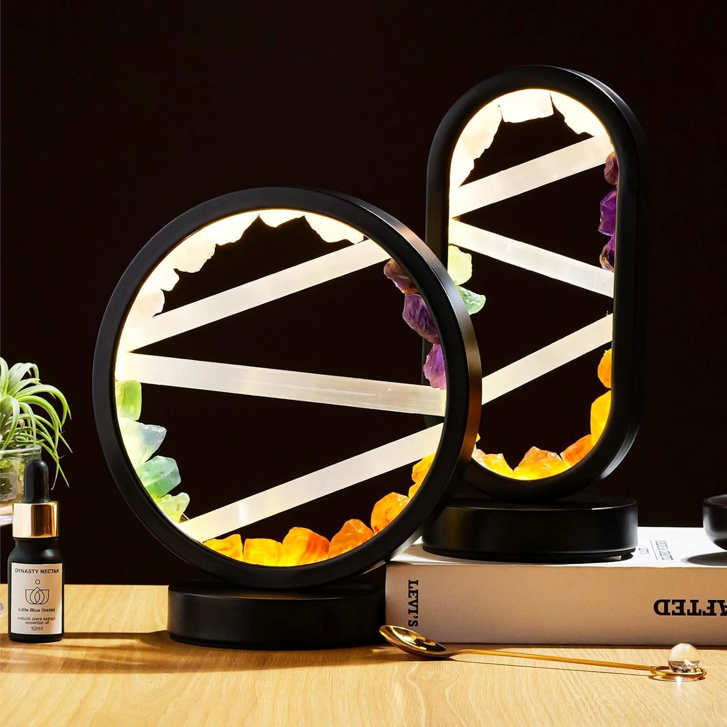 Runyangshi Crystal Table Lamp Night Light Natural Selenite & Colour Crystal Raw Stone Bedside Lamp with 3 Adjustable Light Colours Suitable for Home Decoration, Bedroom Office Desk Lighting