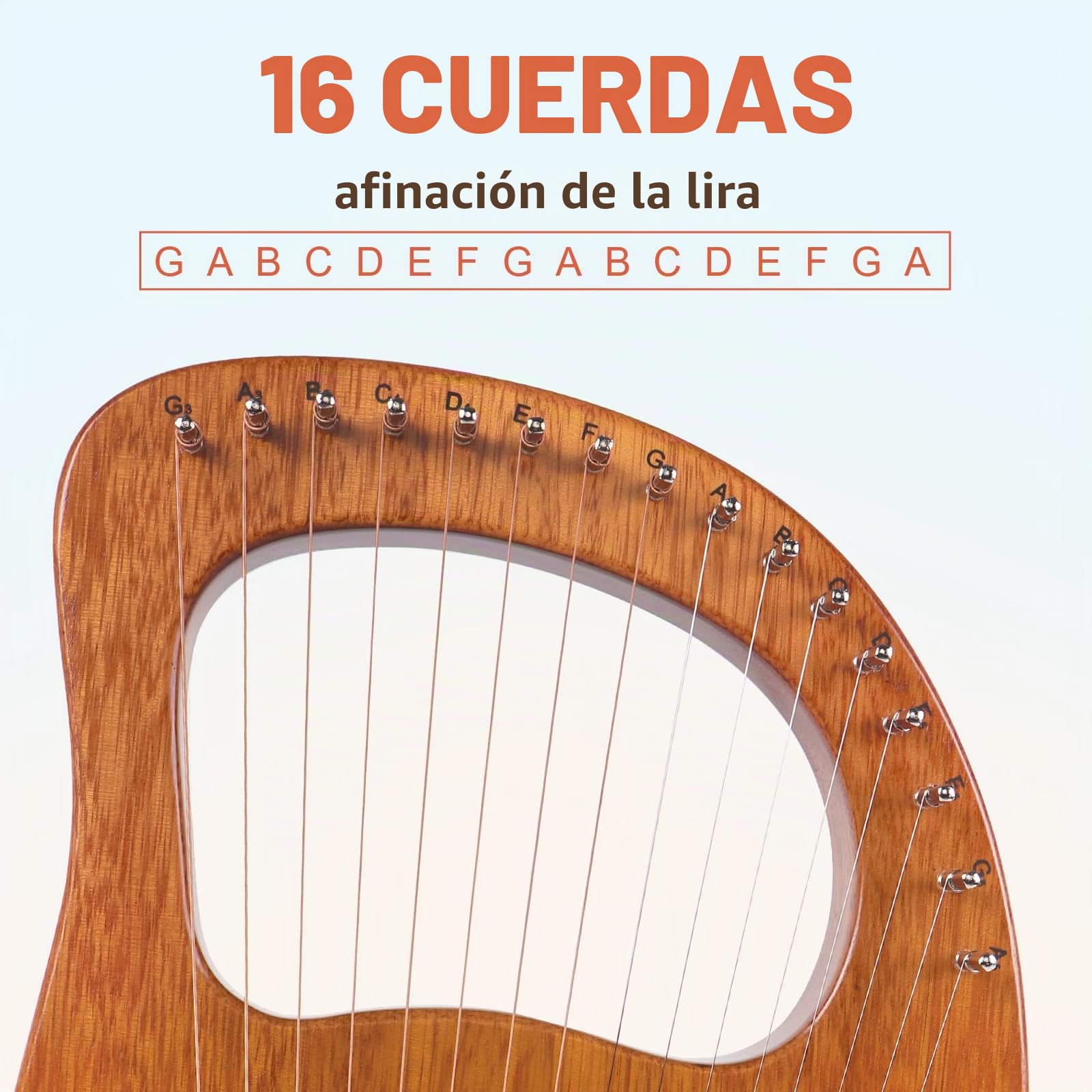AKLOT 16 cuerdas de metal Arpa de lira Arpa de lejía de caoba con llave de afinación Recoger cuerdas adicionales Bolsa de transporte negra