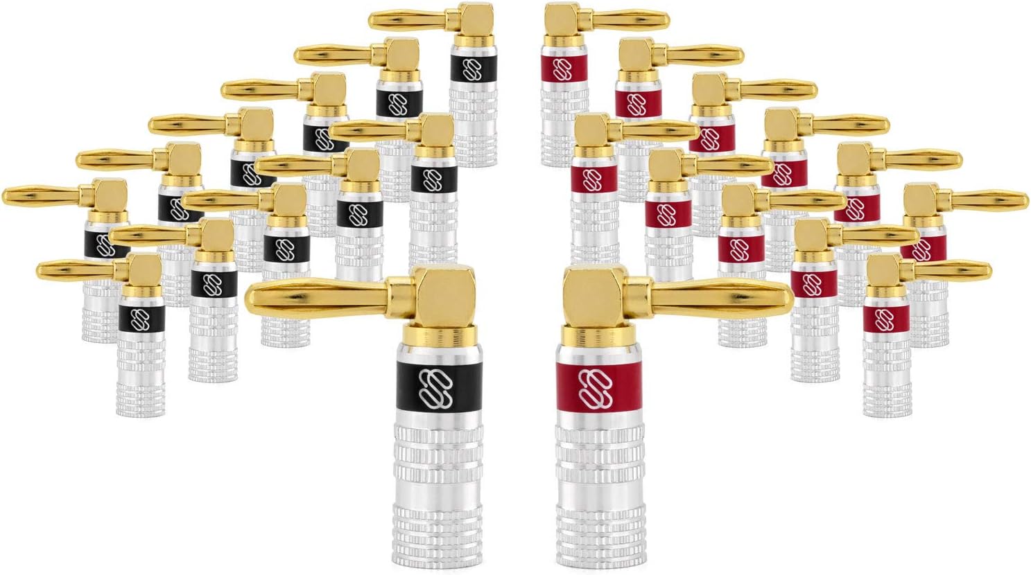 Sewell Silverback Right Angle Banana Plugs, 12 Pairs Quick Connect Gold Plated Speaker Plugs 90 Degree - Version 2-2024 Update