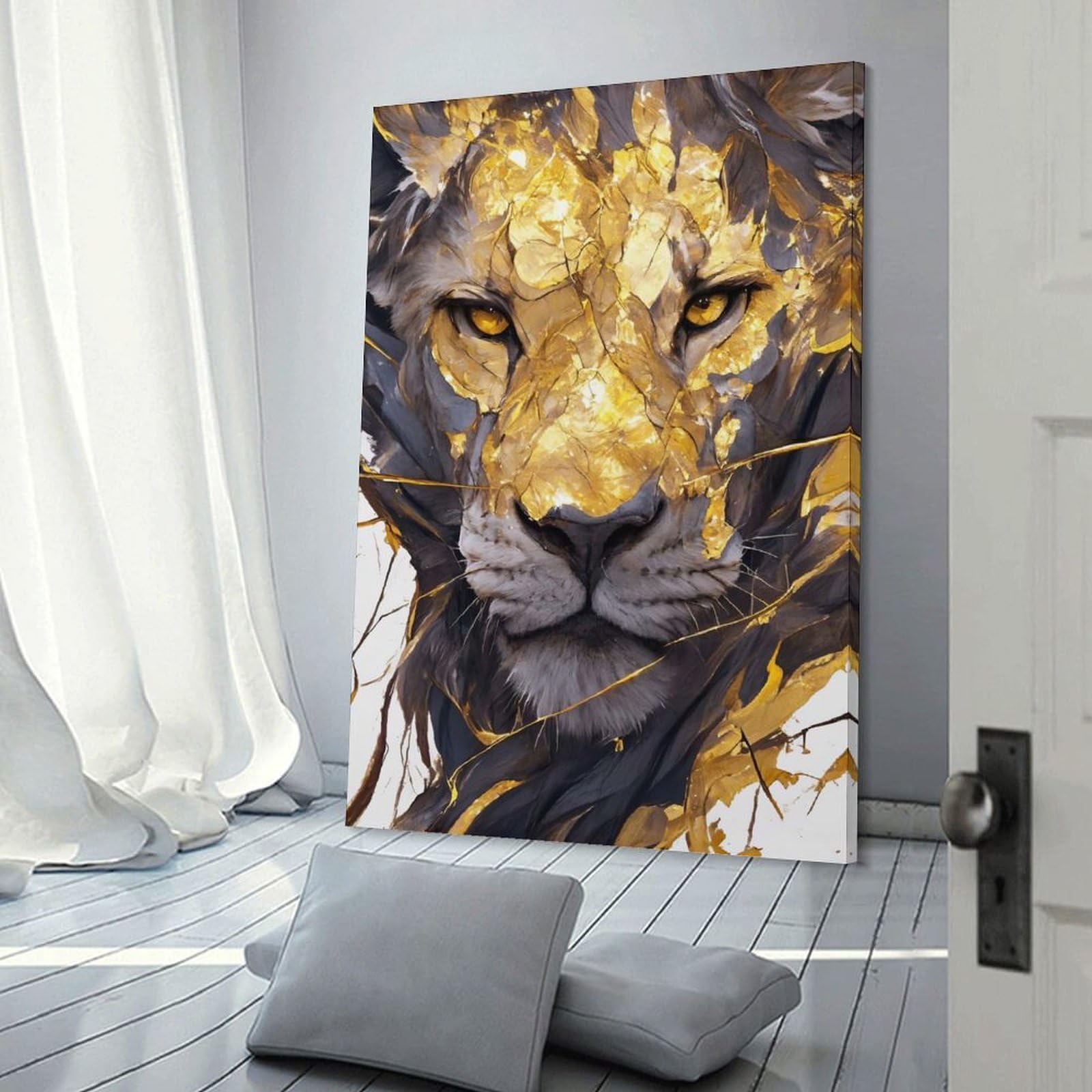 Junmoney Frame-Style-7-1 Home Decor Wall Art Golden Lion Portrait Poster, Picture, Metal Print, Paint By Creed, 24X36inch(60X90cm), For New Homes, Bedrooms Or Workspaces, Home Decor Gift With Stylish Appeal