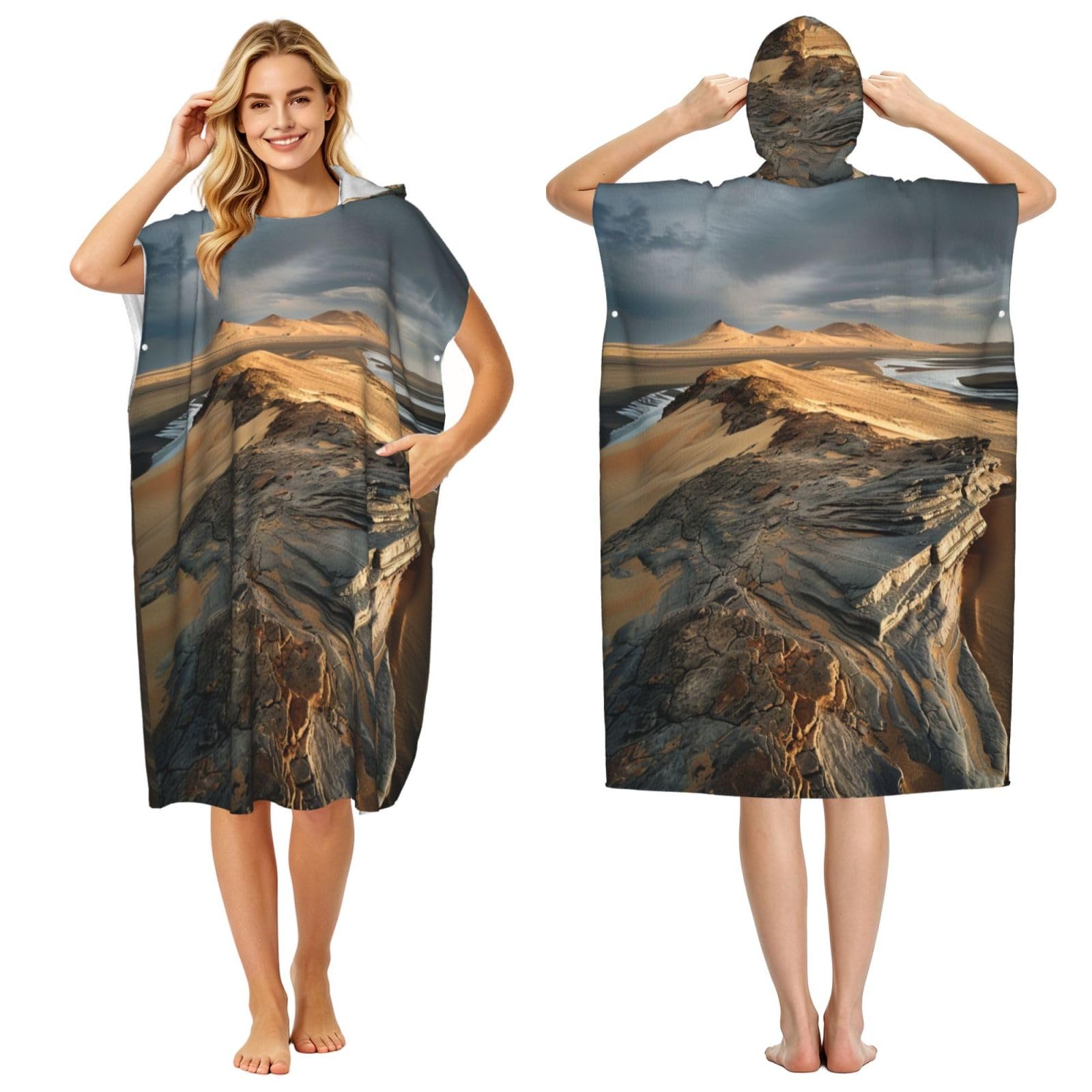 KLGRTJHK Beach Gobi Desert Adult Hooded Beach Poncho Towel 43"X35"