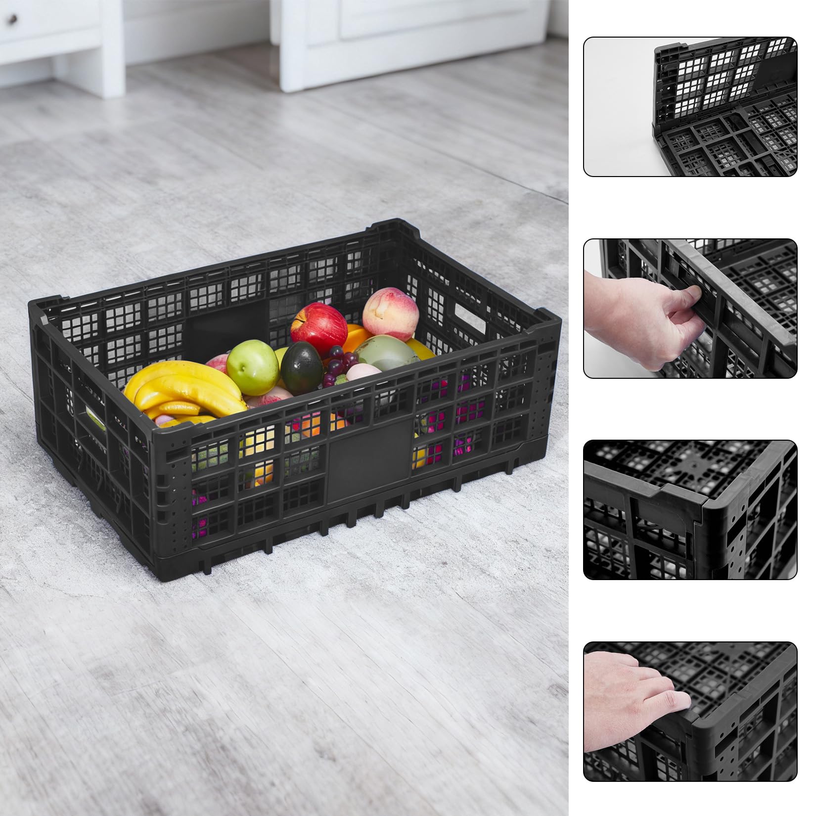 52L Faltbare Aufbewahrungsboxen/Klappkisten Set - 5er-Set, stapelbar, Schwerlast-Kunststoff, verstärkte Wände, mit Tragegriffen - 60x40x22 cm - für Büro, Schule, Zuhause, Garage - 5PCS black