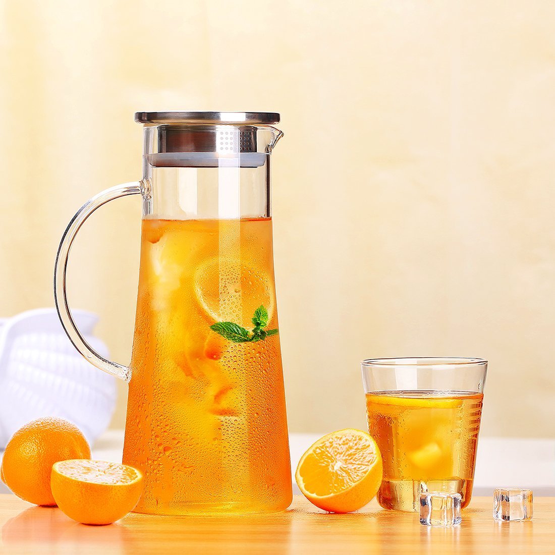 ONEISALL 1.5L Glass Water Pitcher, Ice Cold Juice Carafe with Stainless
