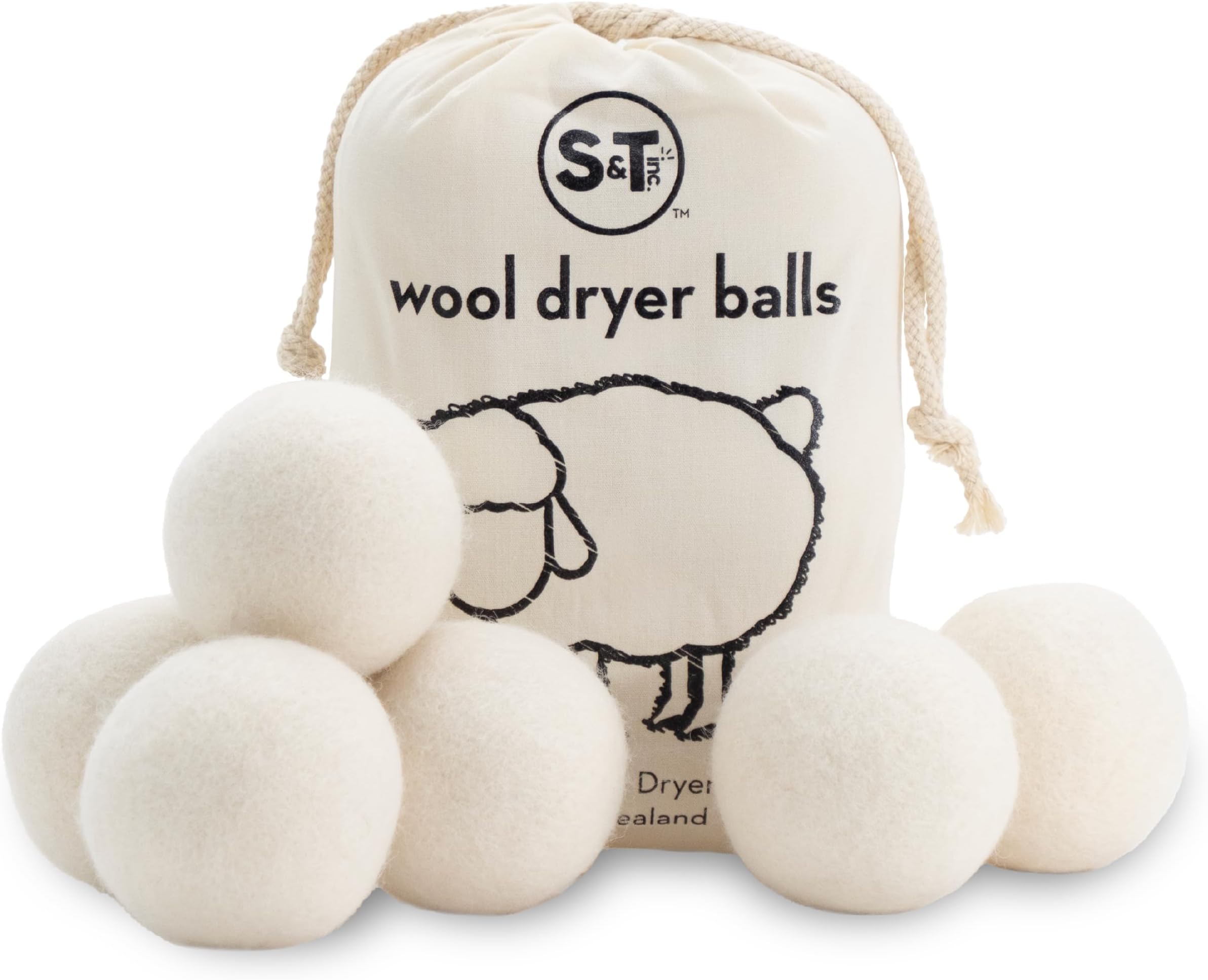 XL New Zealand Wool Dryer Balls, Fabric Softener for Laundry, Natural White, 2.9 in, 6 Pack