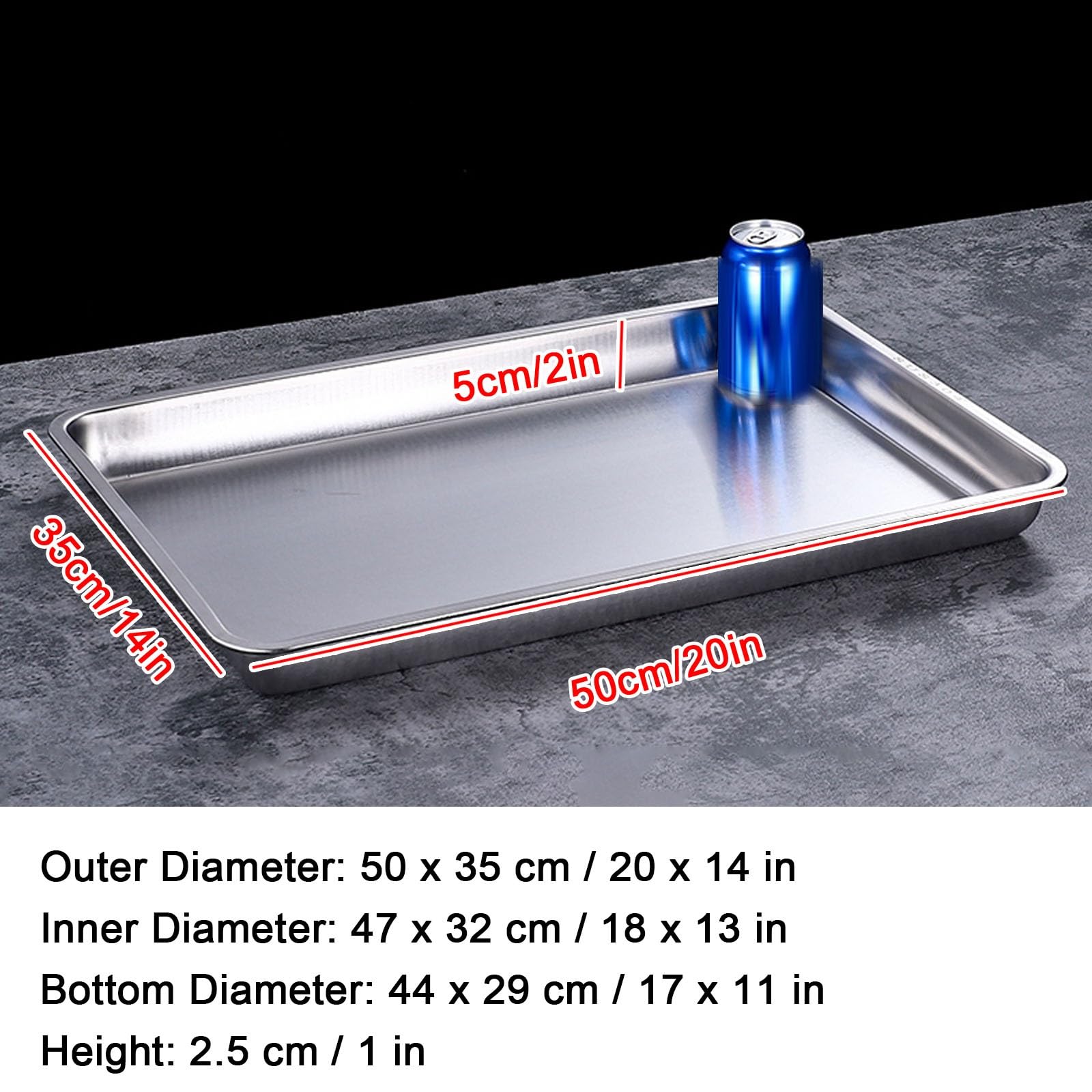Leccarda in Acciaio Inox per piantine e Prodotti da Forno, Vassoio di drenaggio Rettangolare per Lavatrice, Strumento da Laboratorio - 50x35x5 cm, Design Piatto Durevole e Versatile