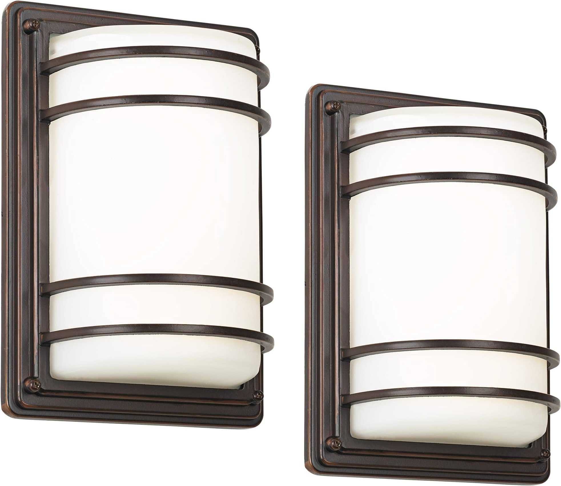 John Timberland Habitat Modern Industrial Outdoor Wall Light Fixtures Set of 2 Oil Rubbed Bronze 11" LED Opal Glass Shade Exterior House Porch Patio Outside Deck Garage Yard Front Door Garden