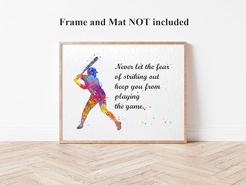 Miniatura 4 de Dignovel Studios Práctica de béisbol sin marco de 8 x 10 pulgadas, nunca dejes que el miedo de atacar citas en acuarela, arte de pared inspirador