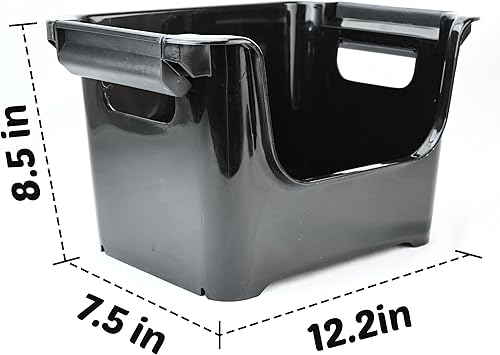 Miniatura 2 de Skywin Contenedores de almacenamiento apilables de plástico, color negro, paquete de 4 contenedores de almacenamiento frontales abiertos con diseños
