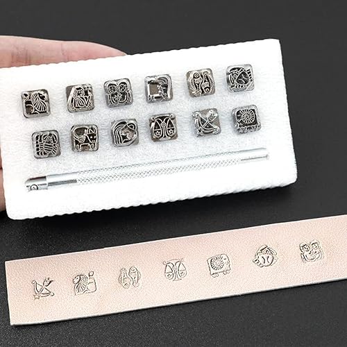 Miniatura 9 de Meagtlva Herramientas de sellos de cuero, 12 piezas de estampado de animales y plantas, juego de herramientas de sello de aleación de zinc con