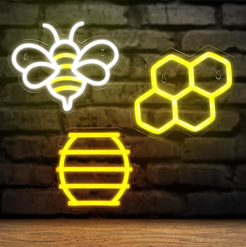 ROCEEI 3 letreros de neón de abeja, luces de neón de abeja, luces LED de abeja, barra de pared USB, decoración de sala de estar para temática de