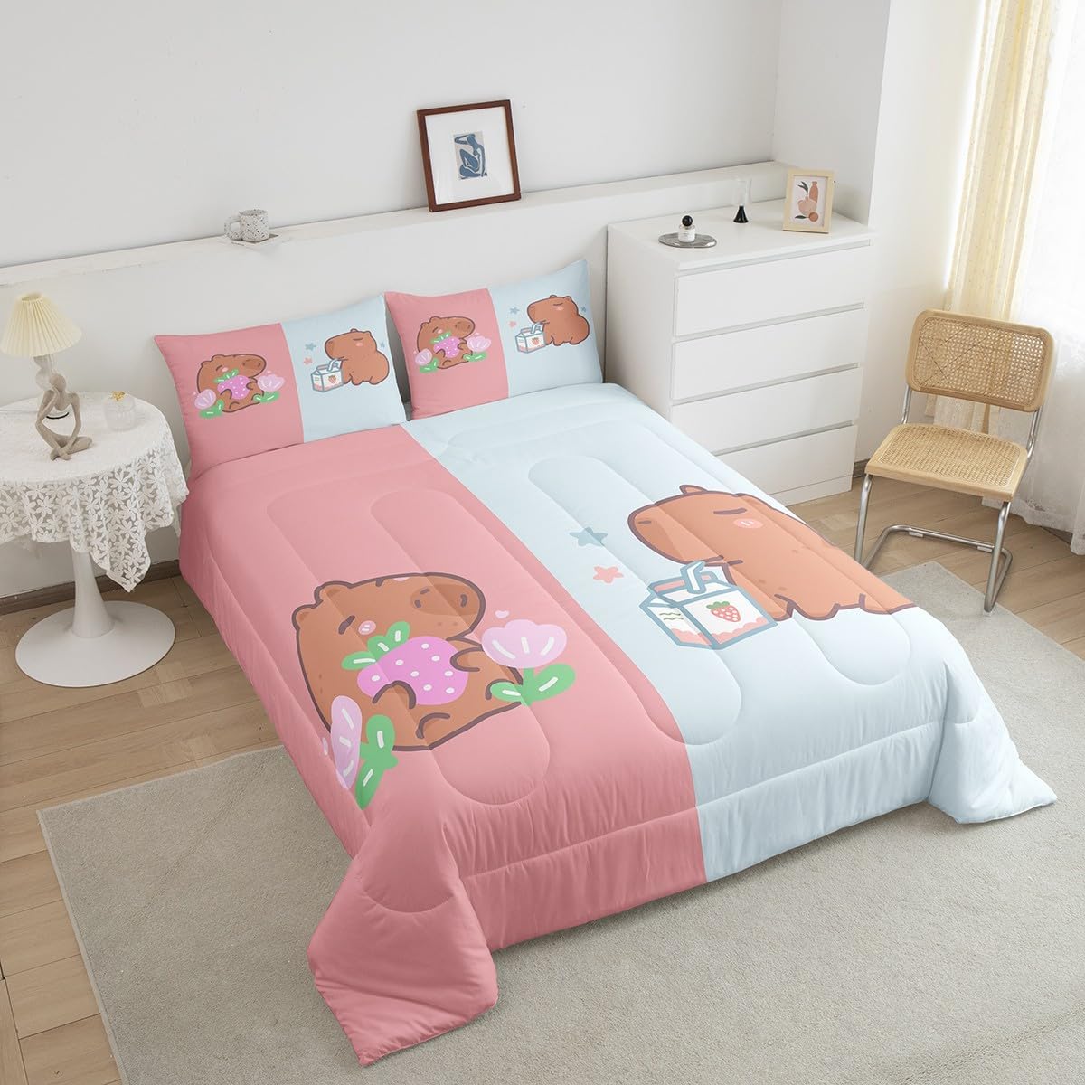Manfei Strawberry Milk Boys Girls Comforter Set Full Size,Cartoon Capybara Duvet Set Teens Bedroom Decor,Pink Blue Couples Lovers Microfiber Soft Bedding