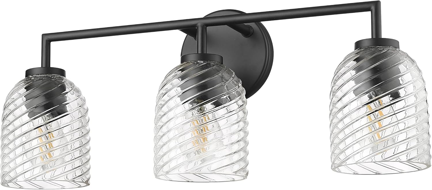 ML Lighting | Catania Collection | 22203-MB | 3 Light Vanity in Matte Black Finish with Clear Swirl Glass Shade | Versatile Design That adds High-End Texture and Elegance to Your Bathroom
