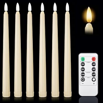 Flameless Taper Candles Ivory,3D Flickering Battery Operated LED Window Candles with 10-Key Remote,Warm Light Fake Candlesticks for Christmas Halloween Wedding Decor,0.78 X 10.6 Inch,Pack of 6