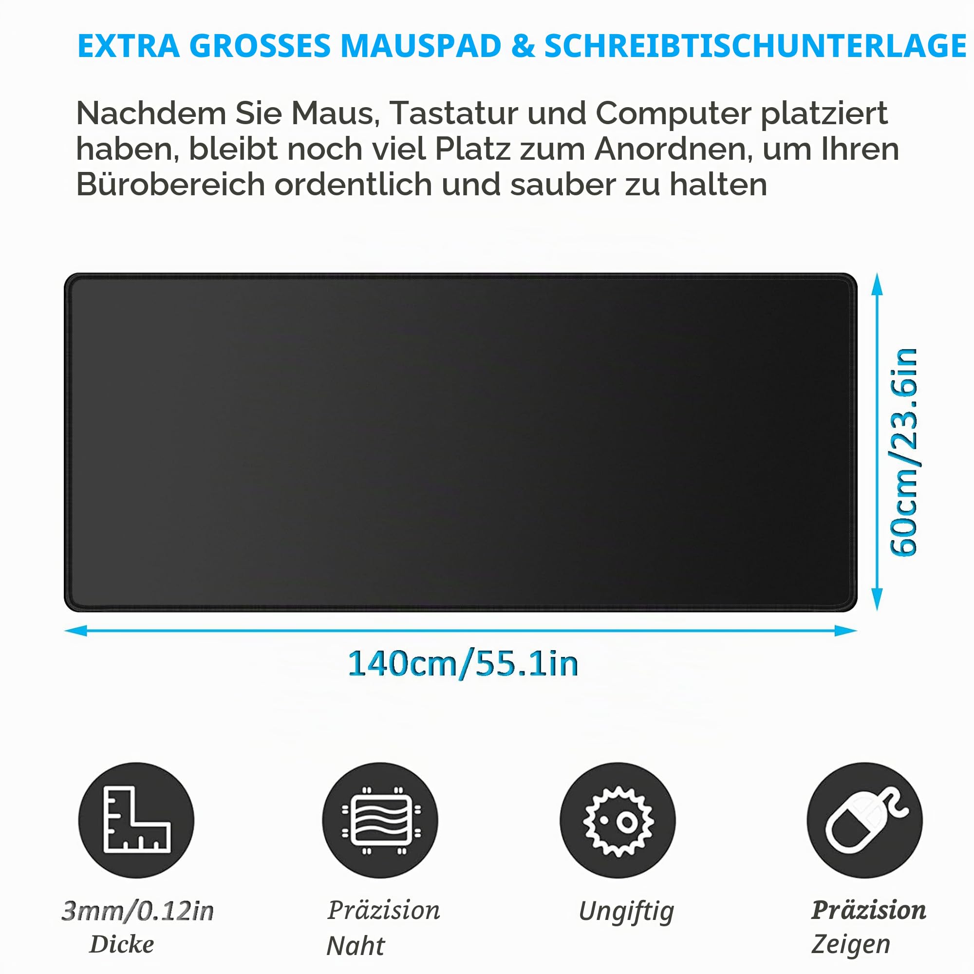LL-COEUR Schwarz Verlängert Gaming Mausmatte 140x60x0,3cm, Groß Schreibtischunterlage Mäusepad Verbessert Präzision und Geschwindigkeit (1400x600x3mm)