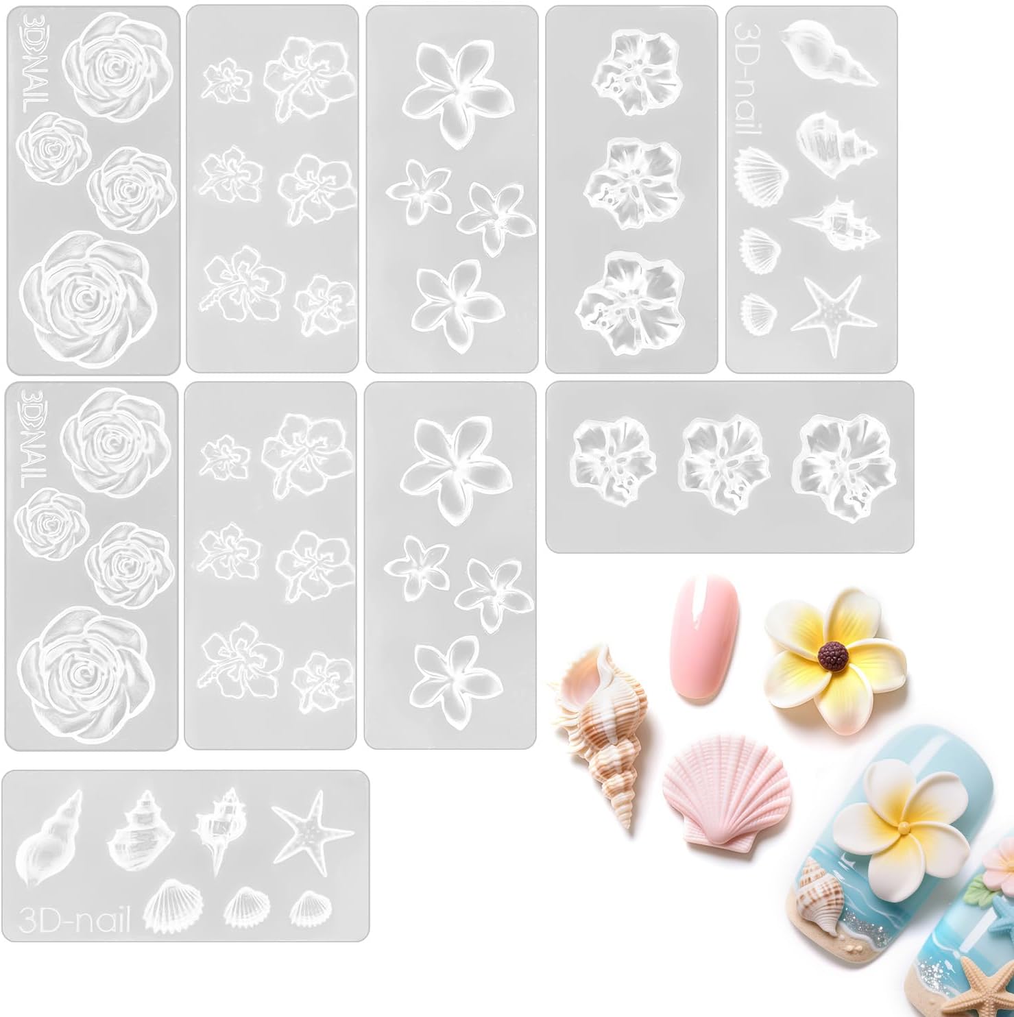10pcs Silicone Nail Molds, 3D Flower Shell Mould Plumeria Rose Daisy Nail Charm Floral Molds Art Tools for 3D Acrylic Gel Nails Design Manicure Decoration