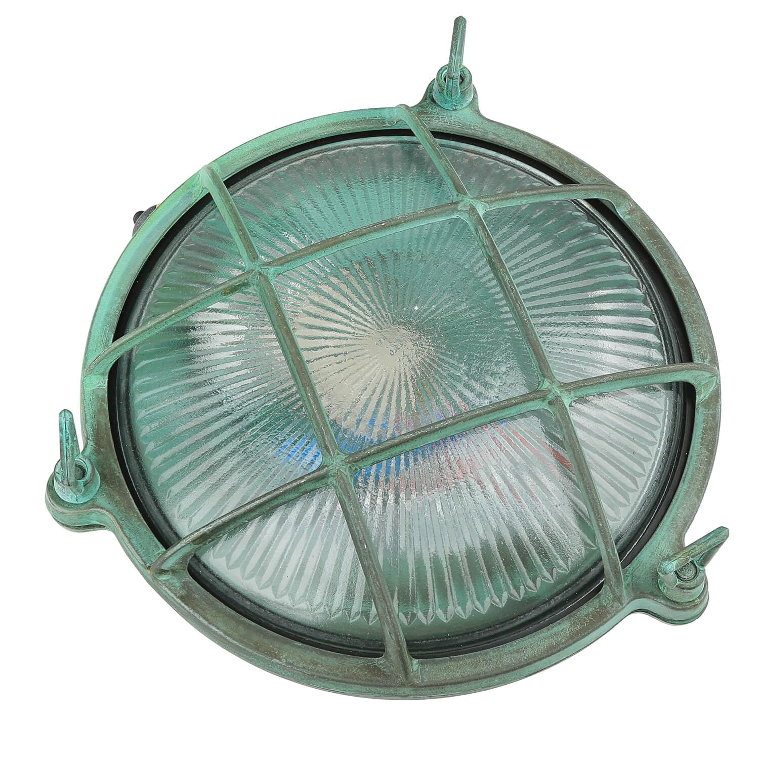 Licht-Erlebnisse Außenwandlampe Messing Glas in Grün Antik IP64 Terrasse Balkon Ø21 cm E27 Rustikal Maritim nostalgische Außenleuchte Garten SERIFOS