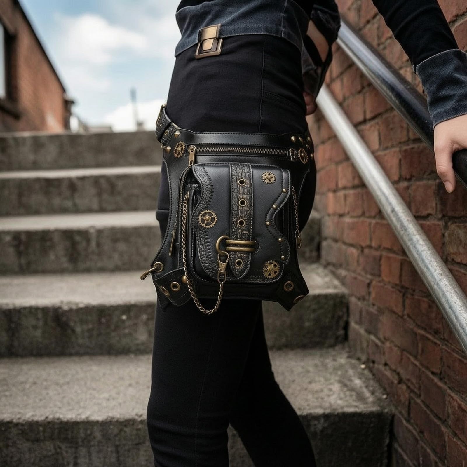 Pochette de Taille Sac Banane Ceinture Structurée avec Chaîne et Rivets Motifs Engrenages Esthétique Steampunk en PU Polyester Adaptée aux Concerts Conventions Cosplay Vie Quotidienne