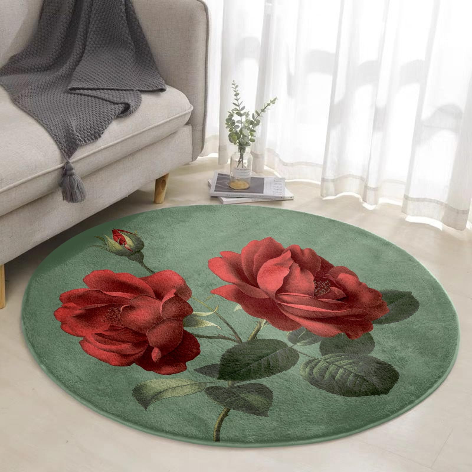 Tapis extérieur rond pour jardin et terrasse au motif feuille verte