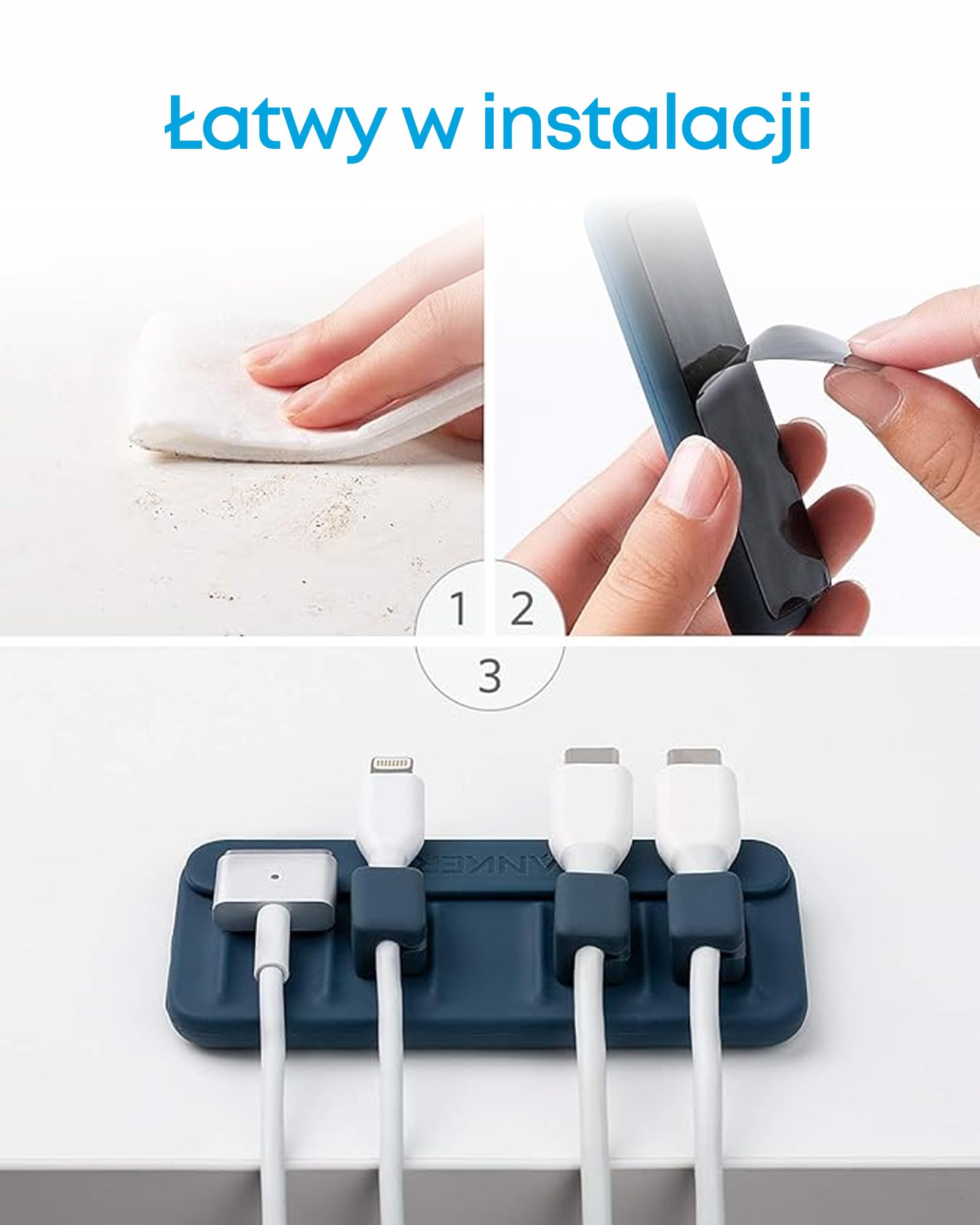 Wielofunkcyjny organizer do kabli Anker – 5 klipsów do kabli Lightning, USB C, Micro i innych kabli – przyczepia się do drewna, marmuru, metalu, szkła (niebieski, zestaw 2 szt.)