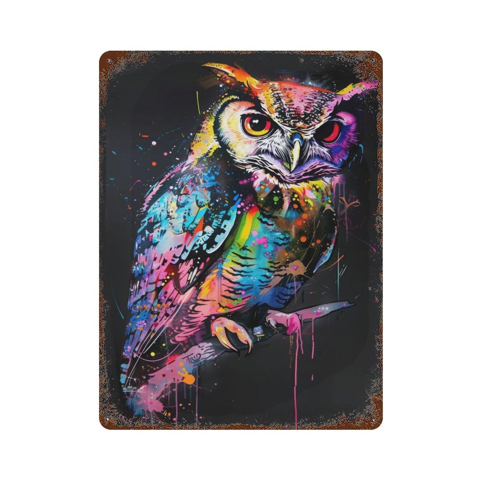 Owl Popart Painting Rusty Metal Tin Sign 15.7"x11.8", Ideal for Patio, Garden Room And Bar Decor