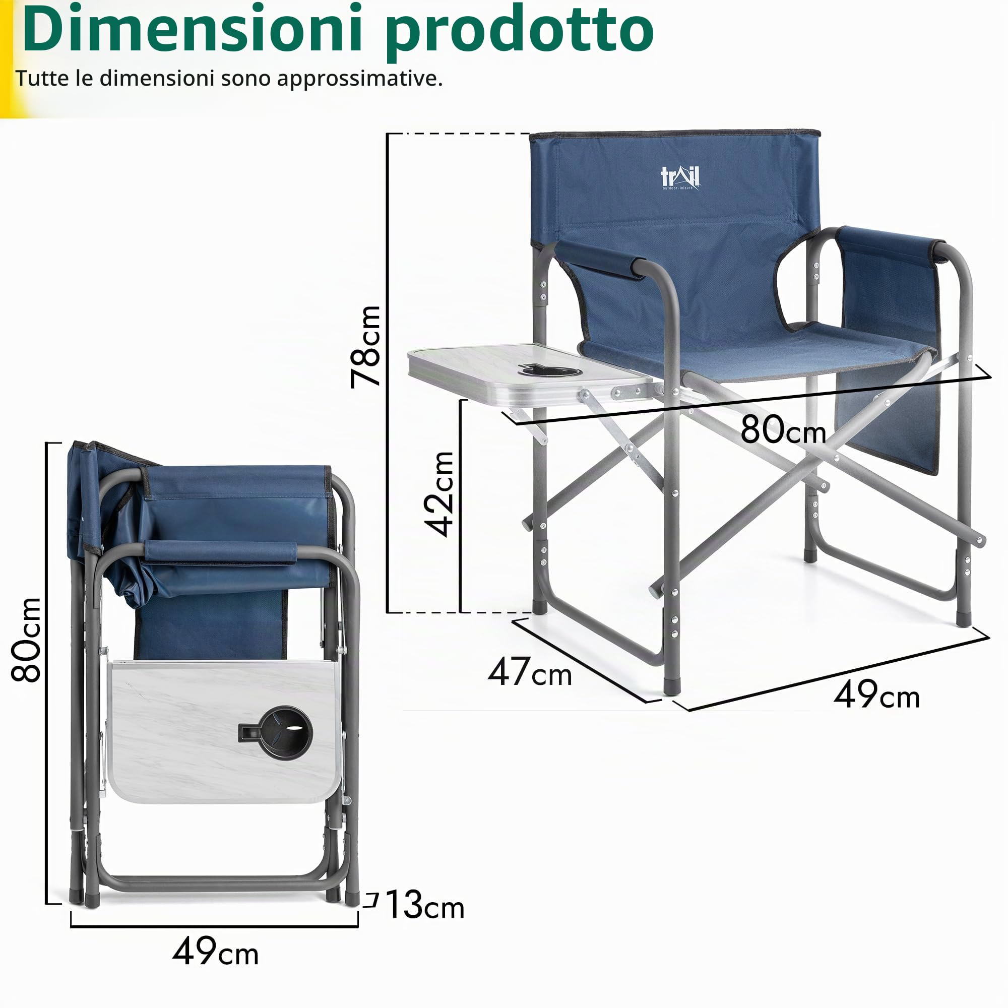Trail Sedia da Regista Pieghevole con Tavolino, Portabicchieri, Tasca Portaoggetti, Sedia da Campeggio e Giardino con Braccioli Imbottiti, Struttura in Acciaio Resistente (Carico Max 120 kg)