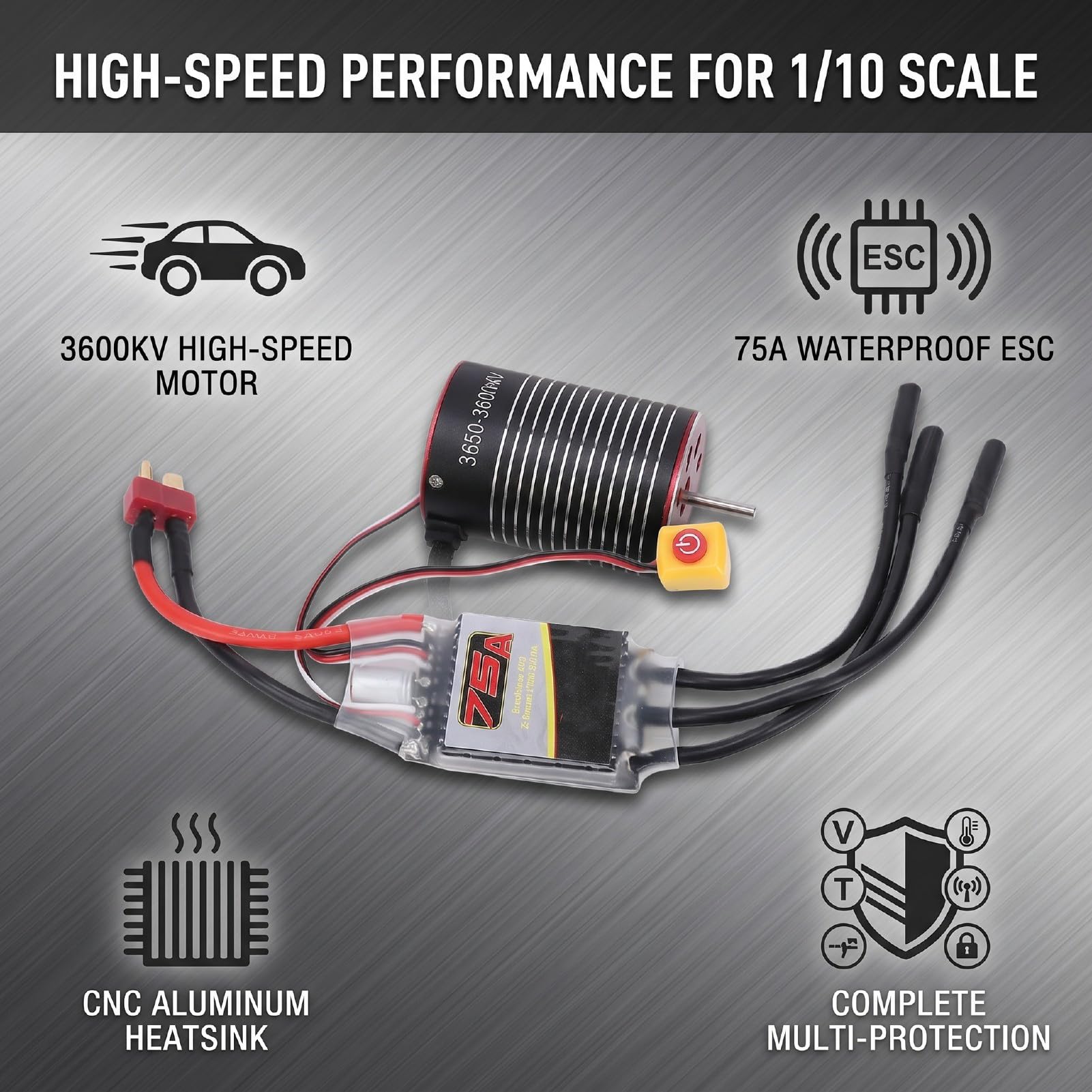 ASHATA Wysoka kompatybilność Bezszczotkowy Silnik RC i ESC Combo 3600KV do Zdalnie Sterowanych Samochodów i łodzi 1/10, Aluminium Obrabiane CNC