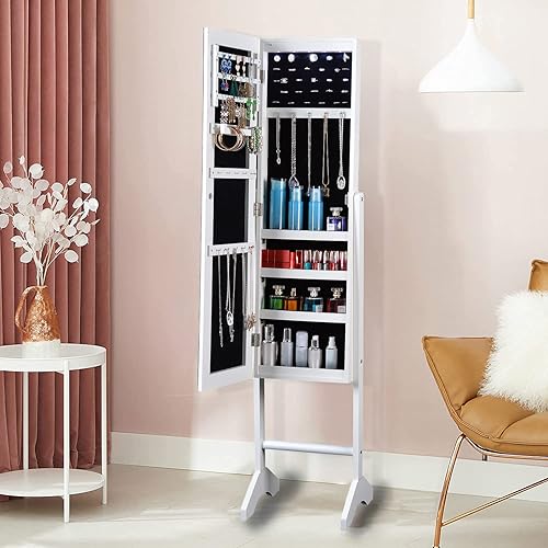 Miniatura 5 de HOUAGI Espejo con almacenamiento de joyas, armario de joyería con cerradura para organizar con espejo, armario de joyería con espejo de longitud