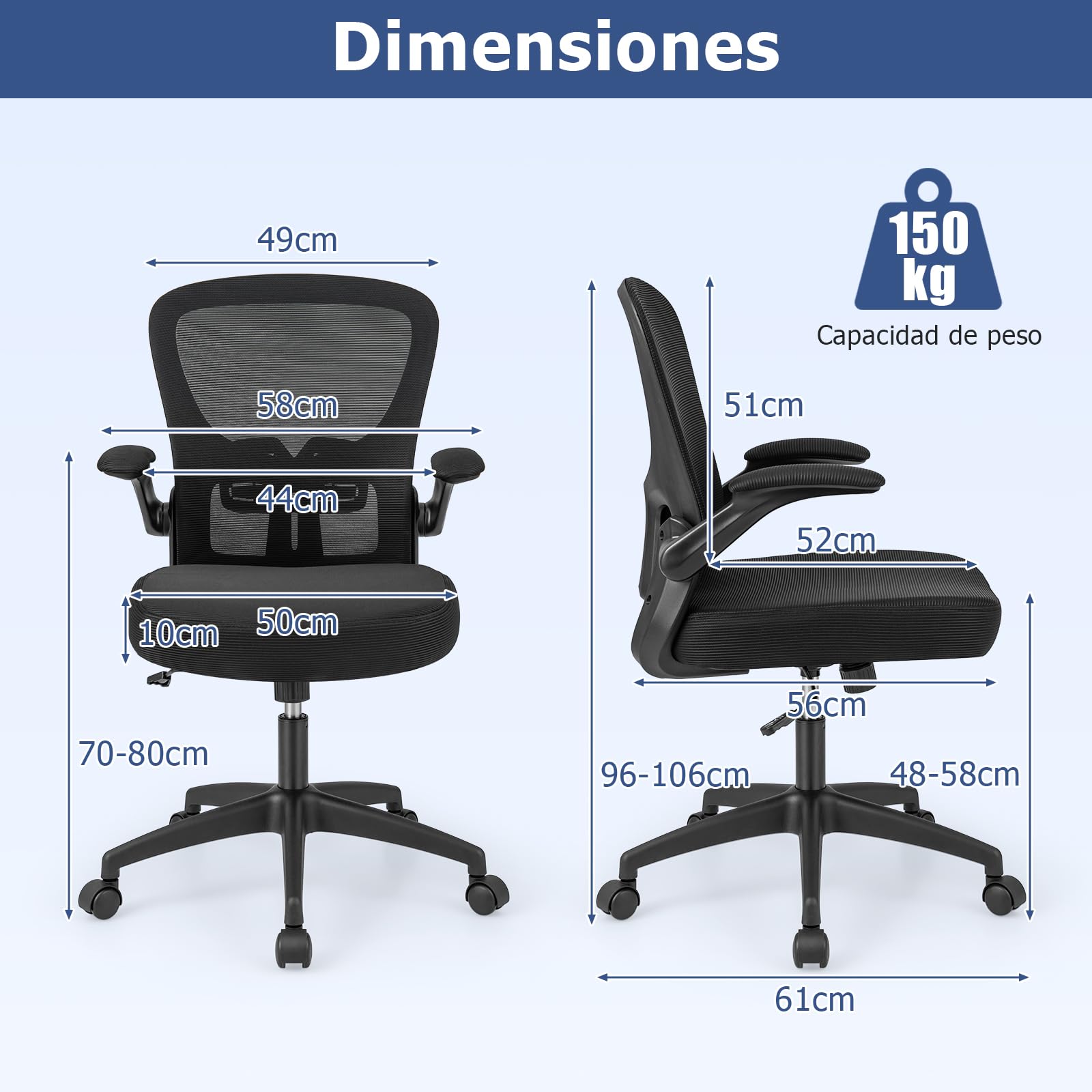 GIANTEX Silla de Oficina de Malla, Silla de Escritorio Ergonómica con Altura Ajustable, Reposabrazos Abatibles, Soporte Lumbar y Cojín de Esponja Suave, con Ruedas, para Dormitorio, Oficina