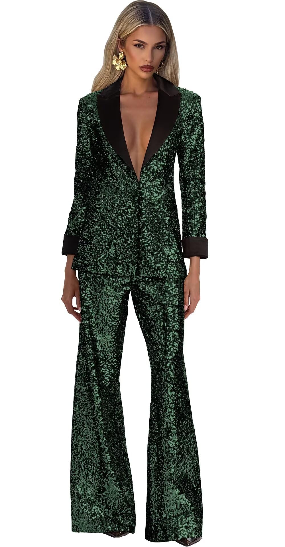 Emerald Green Suits for Women Plus Size Sequin Blazer Pants Suit with Sleeves V Neck 2 Piece Pants