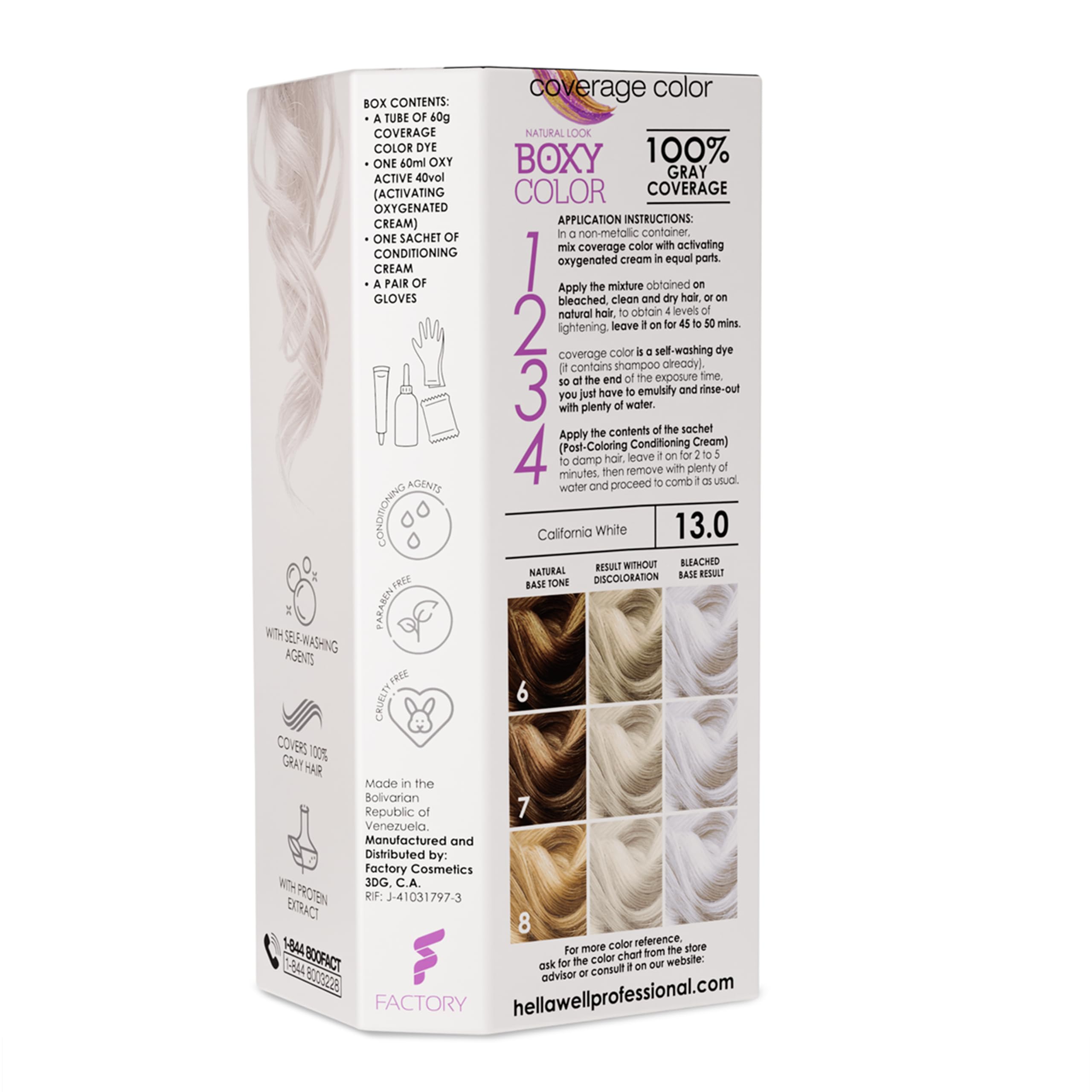 BOXY COLOR Coloring kit professional, permanent color cream hair dye with Vegetal Protein to get Hair with intense color shiny and silky. 100% Gray Coverage. (13 California White)