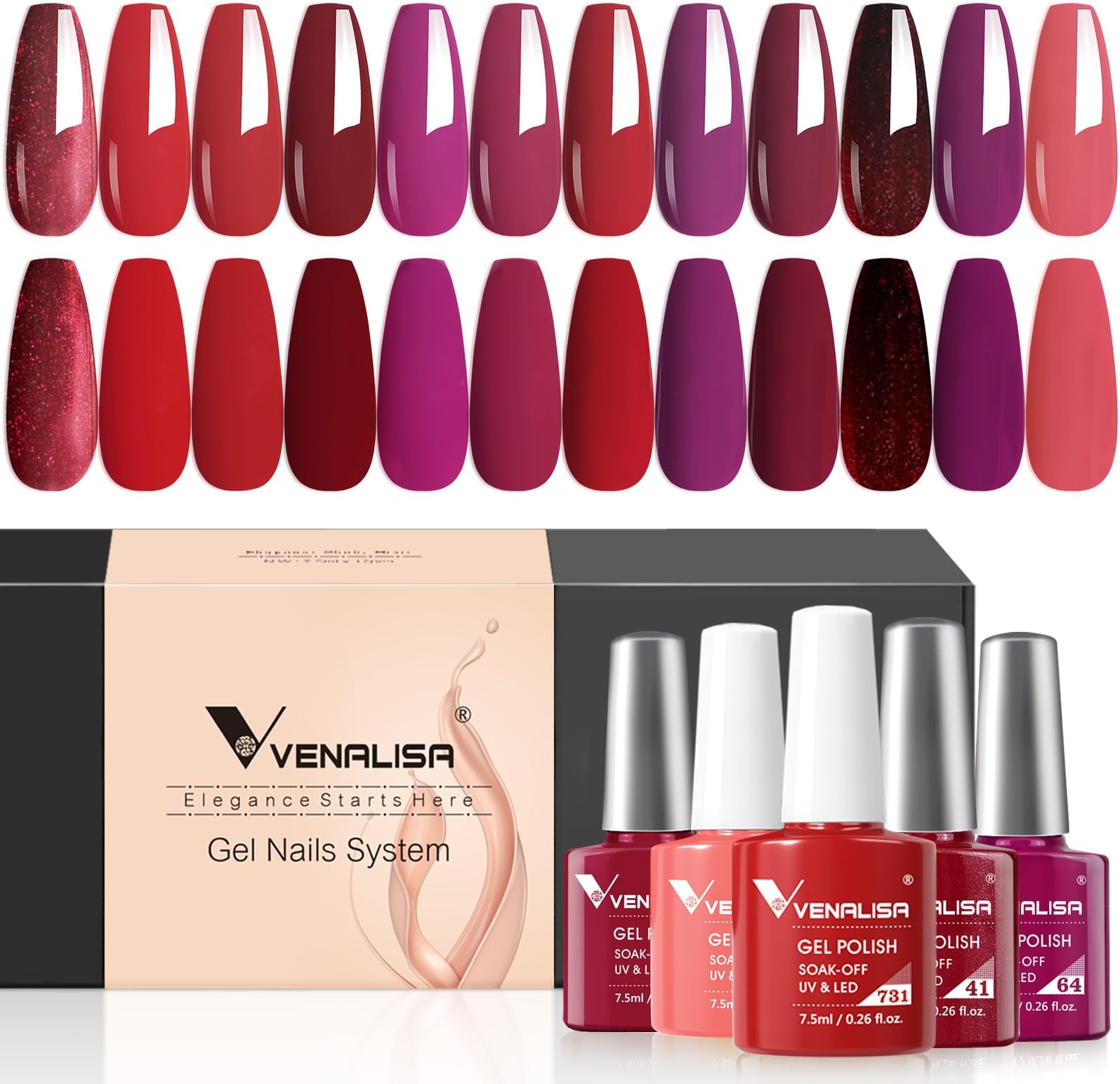 VENALISA Red Gel Nail Polish Set, 12Pcs Dark Red Purple Pink Gel Polish Kit Color High Gloss Soak Off Nail Manicure Salon DIY