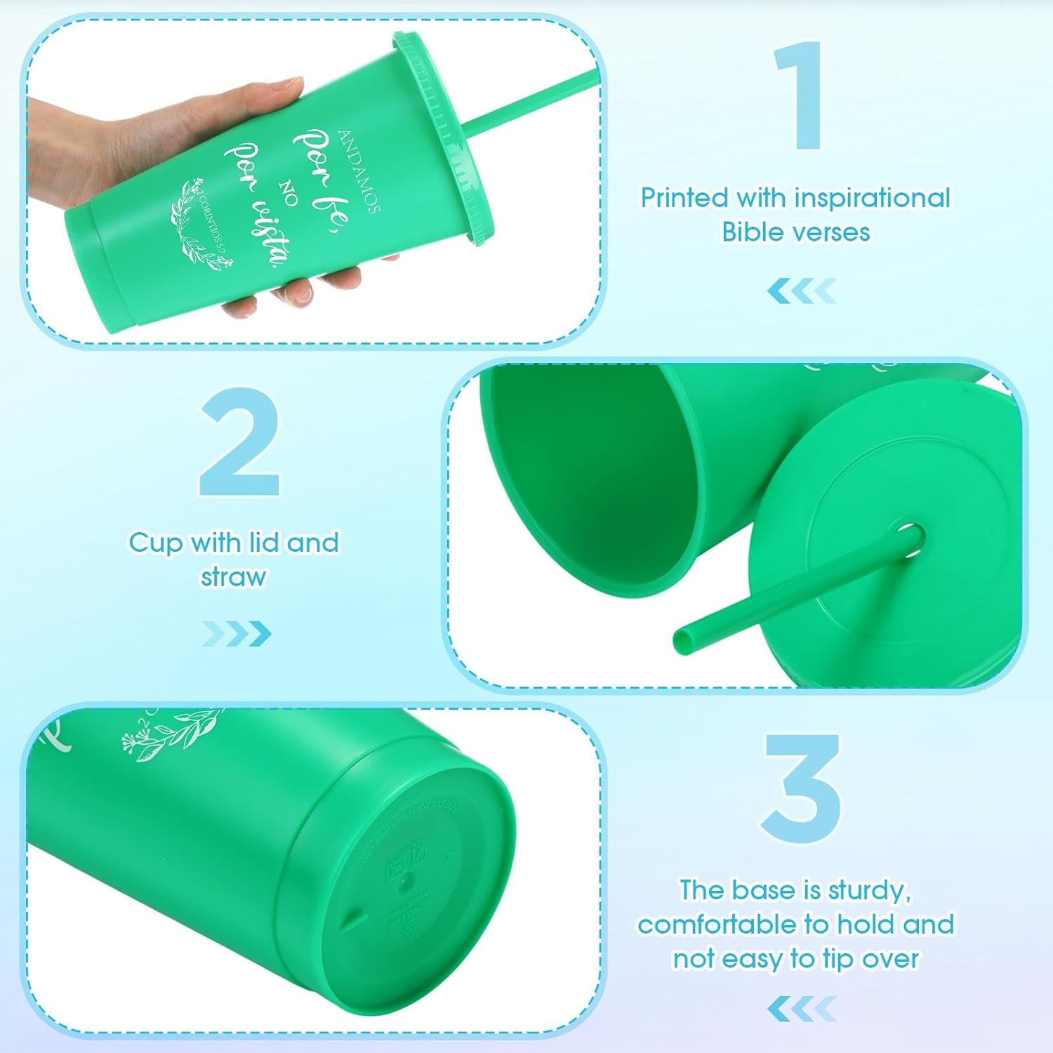 24 Packs Inspirational Christian Gift Spanish Bible Verse Cup Bulk 24oz Religious Plastic Tumbler with Lid Straw for Valentine Easter Church (Red,Blue,Pink,Green,Purple,Black,Orange) - Image 4