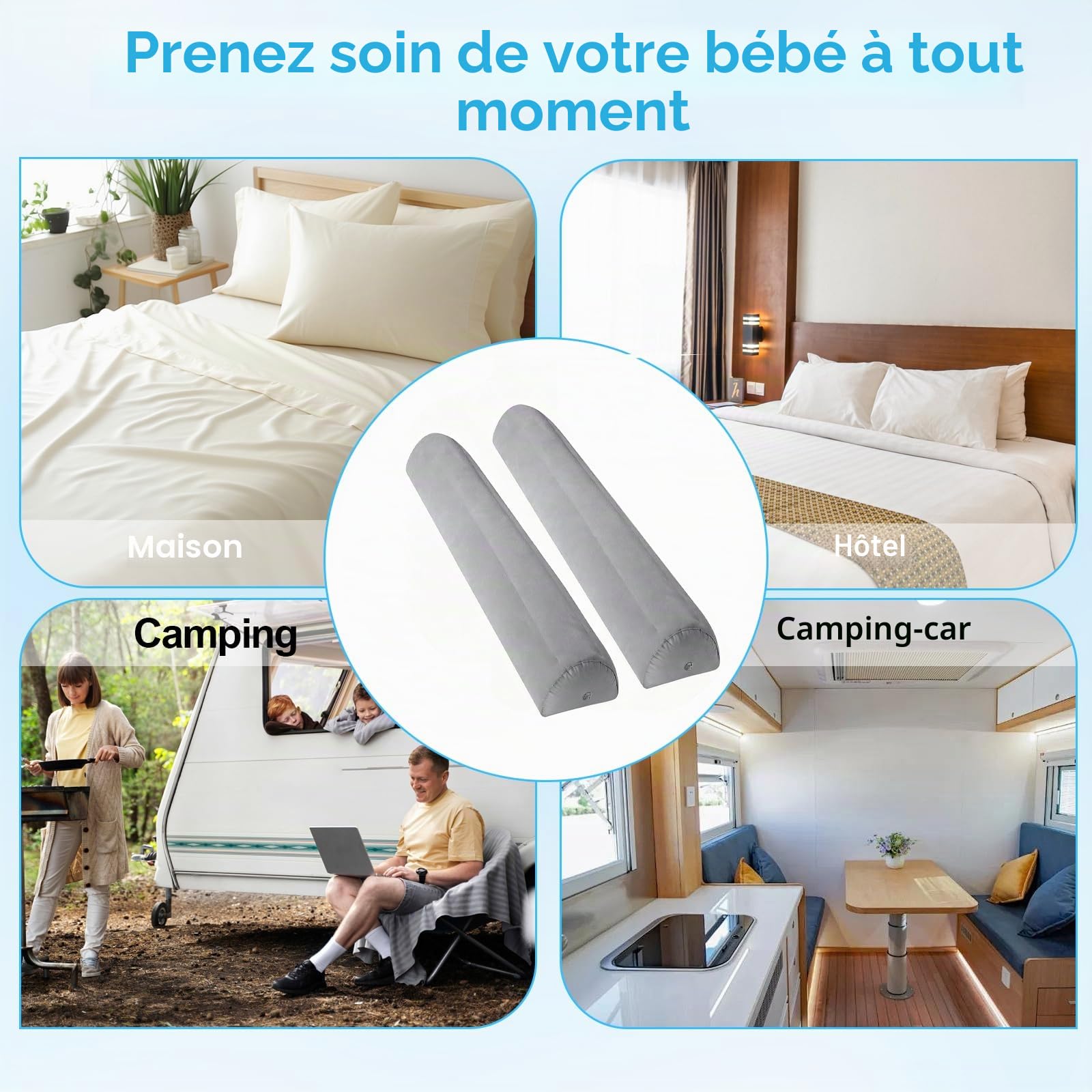Lot de 2 barrières de lit gonflables pour enfant - Avec pompe et sac - Protection de lit portable pour les tout-petits - Voyage et maison - Gris