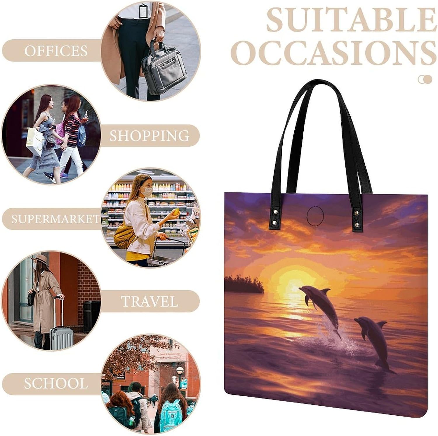 Sunset Dolphins Tote Bag with Magnetic Buckle Reusable Grocery Bags Lightweight Cross Body Handbag for Daily Essentials