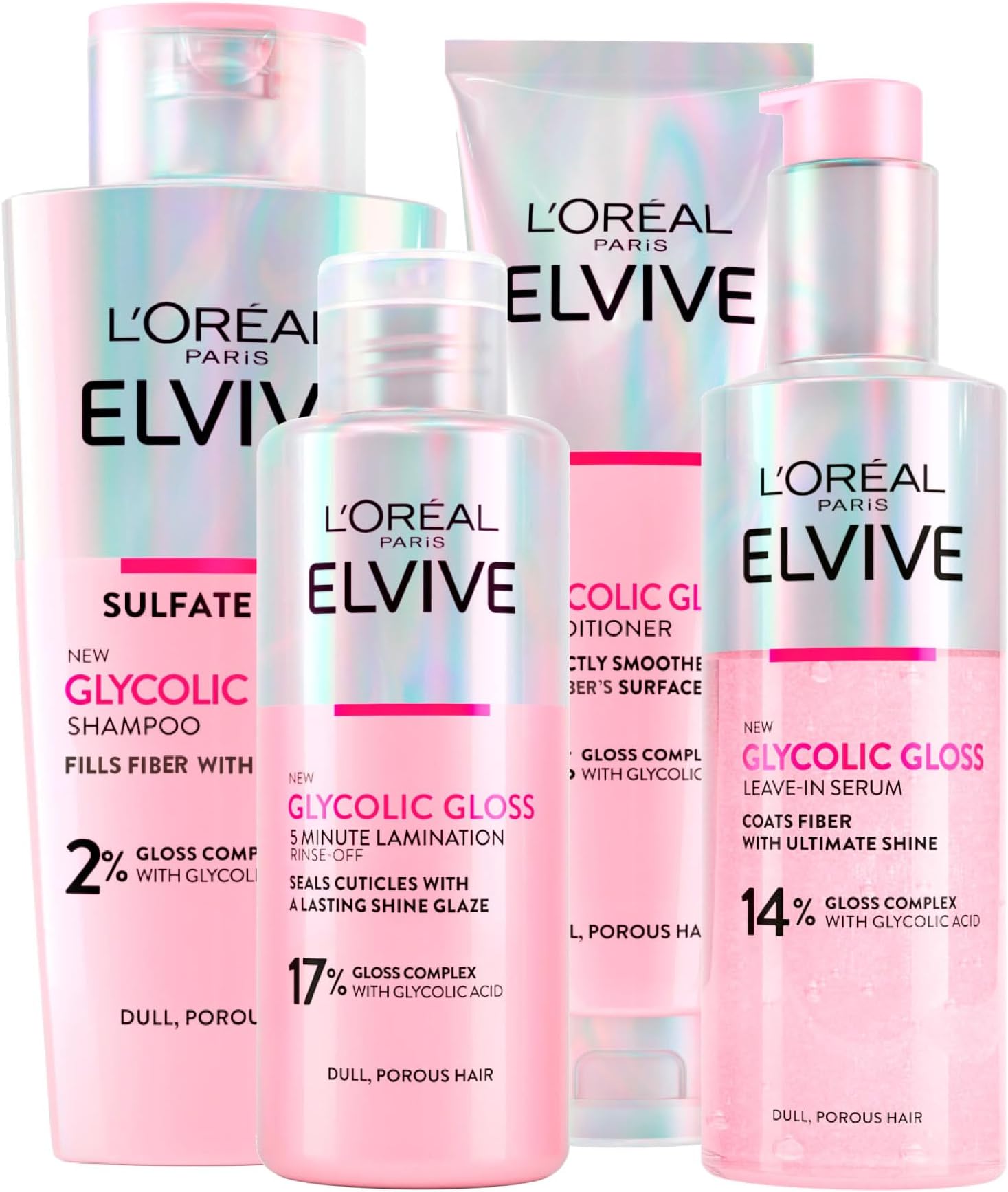 L'Oréal Paris Elseve Elvive Glycolic Gloss 150ml Conditioner + 200ml Shampoo + 150ml No-Rinse Serum + 200ml 5-Minute Laminating Treatment for Dull and Porous Hair - 4 bottles