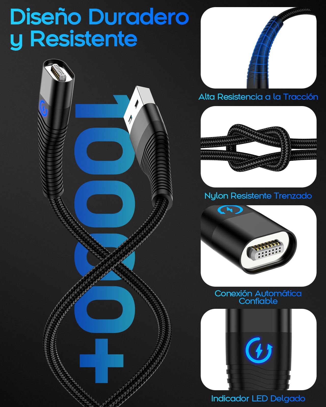 Cavo Magnetico YKZ 3 In 1 – 1m + 2m – USB Per Tipo C, Micro USB E I-Product – Ricarica Veloce E Sincronizzazione – Nylon Intrecciato