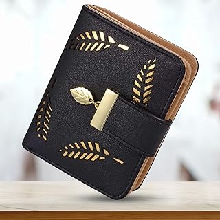 Credit Card Holder Wallet Leather Small Wallet for Women Zipper Keychain Wallet, with Zipper Coin Pocket,ID Window -Black