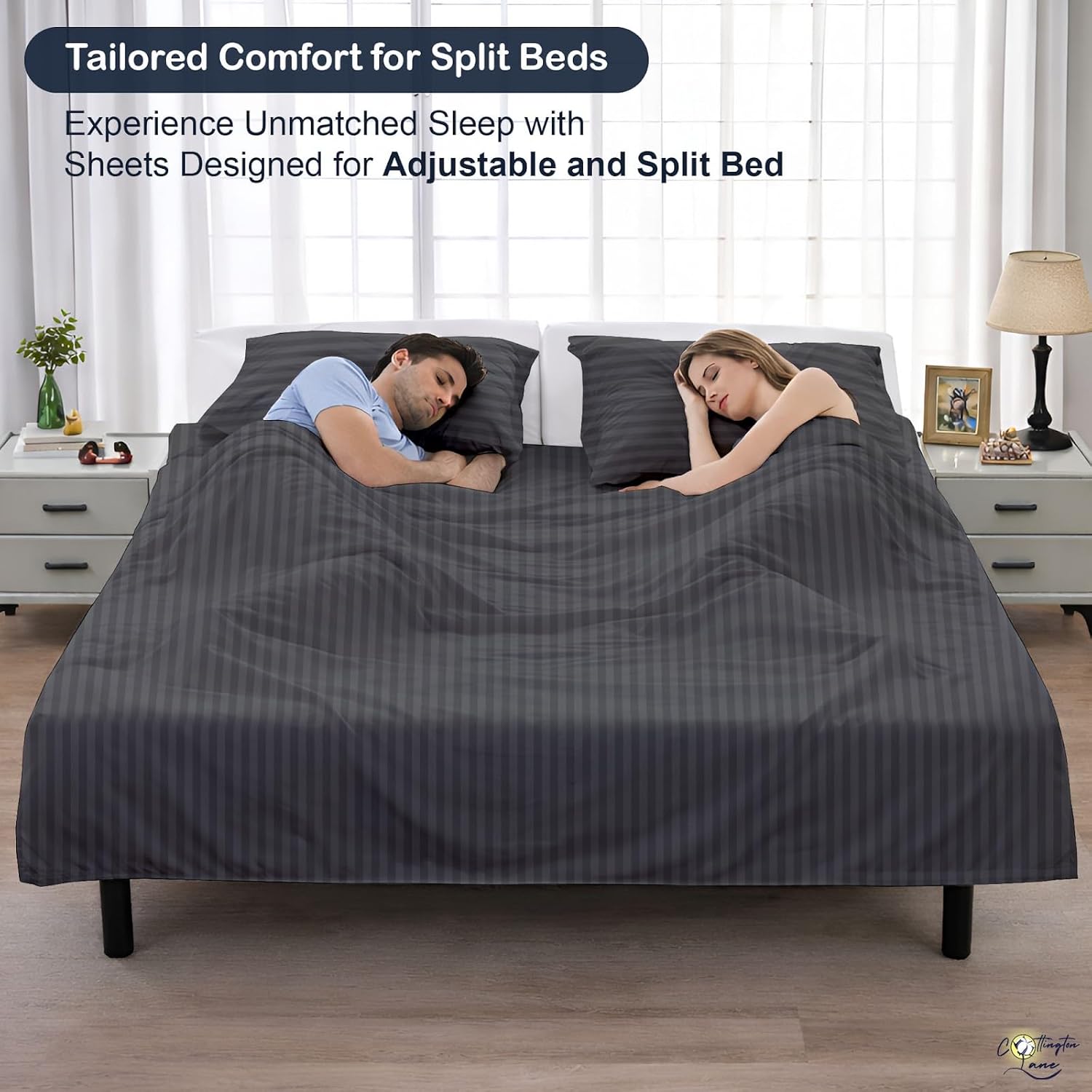 Cottington Lane Split Queen Sheets Sets for Adjustable Bed, Premium Cotton Split Queen Coolling Bed Sheets with 16 Inch Deep Pockets, Hotel Luxury Ultra Soft & Durable Bedding, Dark Grey Stripe