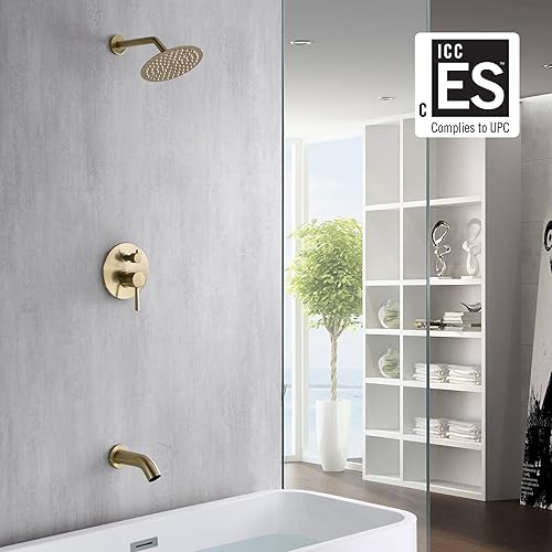 Miniatura 2 de sumerain Juego de grifo de ducha y bañera de equilibrio de presión, oro cepillado con boquilla de bañera, cabezal de ducha de 8 pulgadas, alto flujo