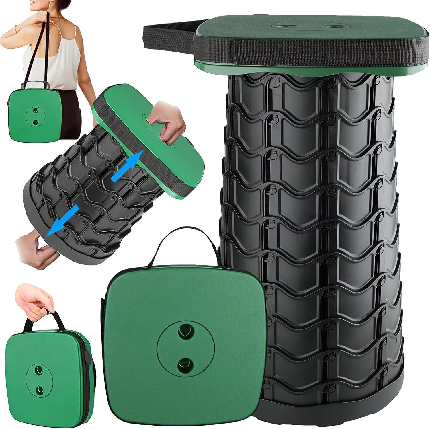 Upgraded Collapsible Stool Portable for Adults Heavy Duty, 620lbs Max Weight, Square Foldable Stool Thickened Telescoping Folding Seat for Camping Hiking, Outdoor, Travel(Square) (Green)