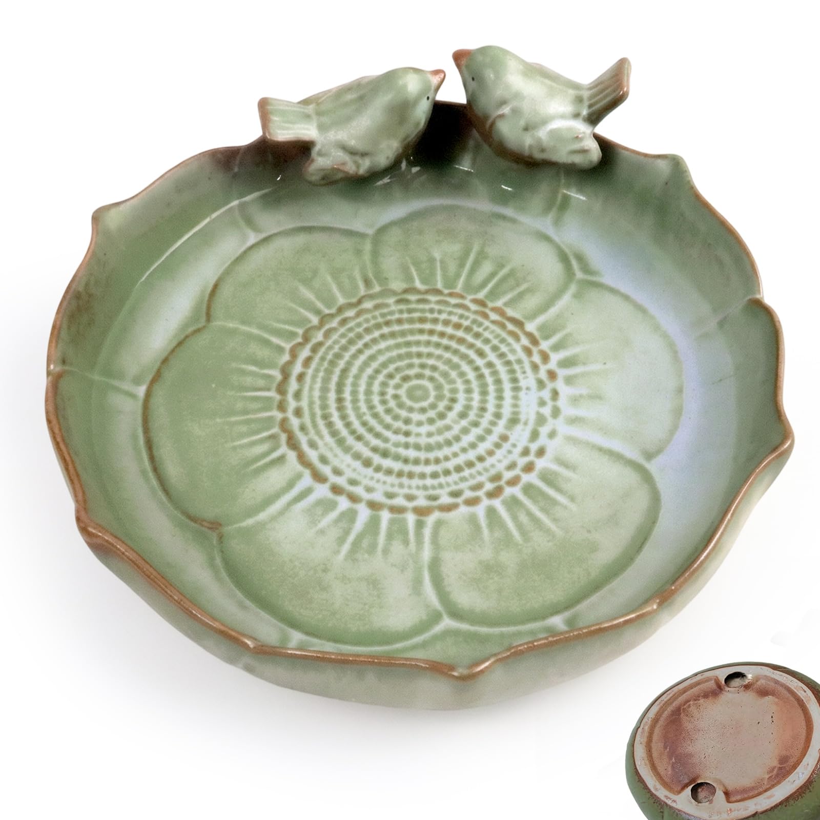 Ceramic Bird Bath Bowl, 9.5 Inch Ground Bird Feeder (Only) for Outdoor Garden Tabletop Deck, Heavy Duty Weatherproof Vintage Birdbath Dishes for Wild Birds Lawn Yard Patio Balcony Decor, Green, 24cm