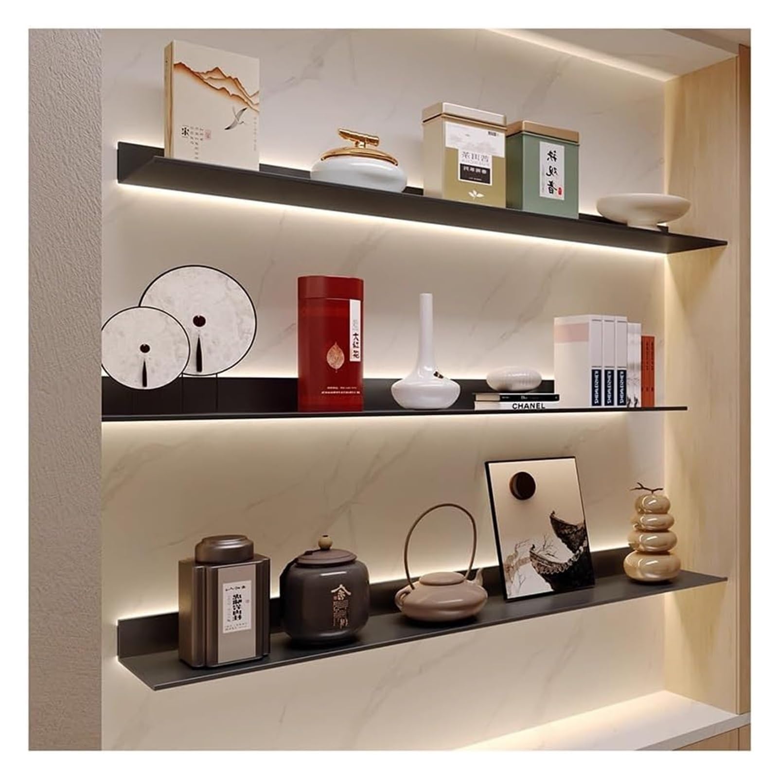 Mensole sospese da parete illuminate da parete con luce LED integrata, in metallo con supporti invisibili per bagno, decorazione soggiorno, solo 1 pezzo (nero