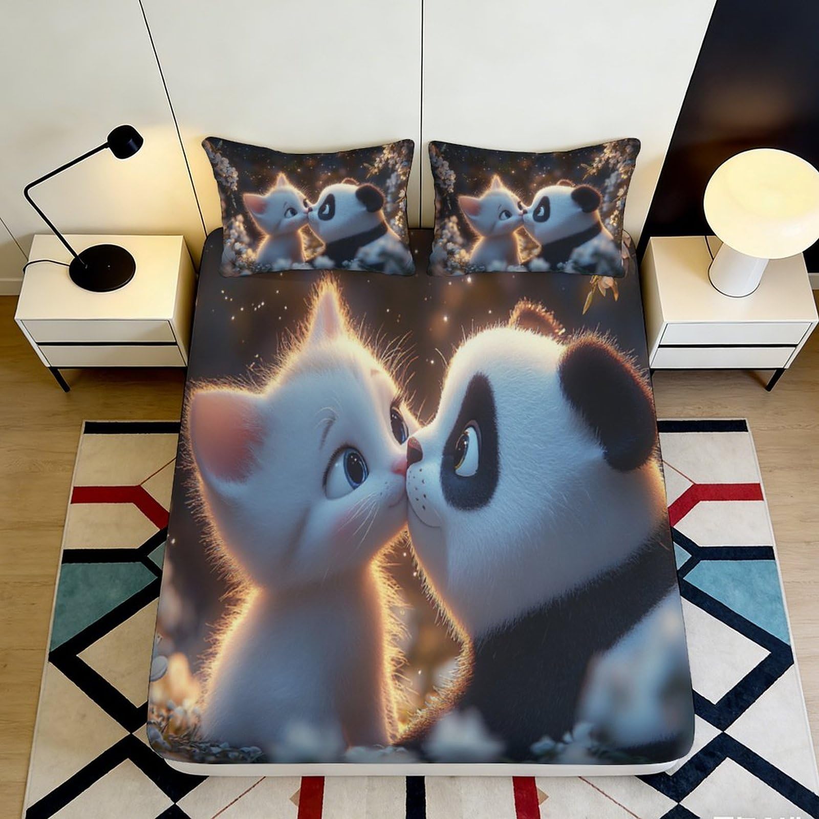 3D Printed Cat Panda Fitted Sheet Microfiber Soft Breathable Animal Kissing Bed Cover for Bedroom Guestroom Decor 90x200x25cm