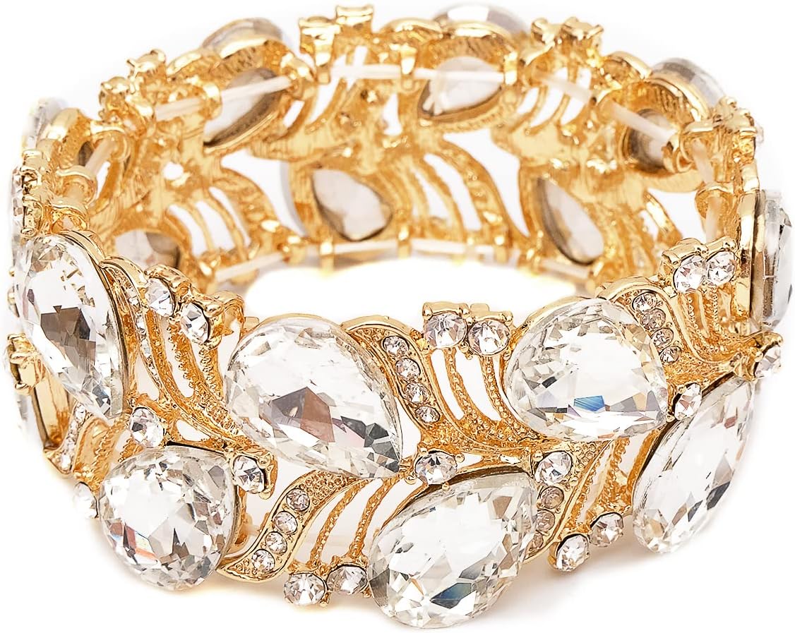 CSY Elegant Stretch Bangle Bracelets Bridal Art Deco Teardrop Crystal Elastic Wide Statement Bracelet for Women Party Prom