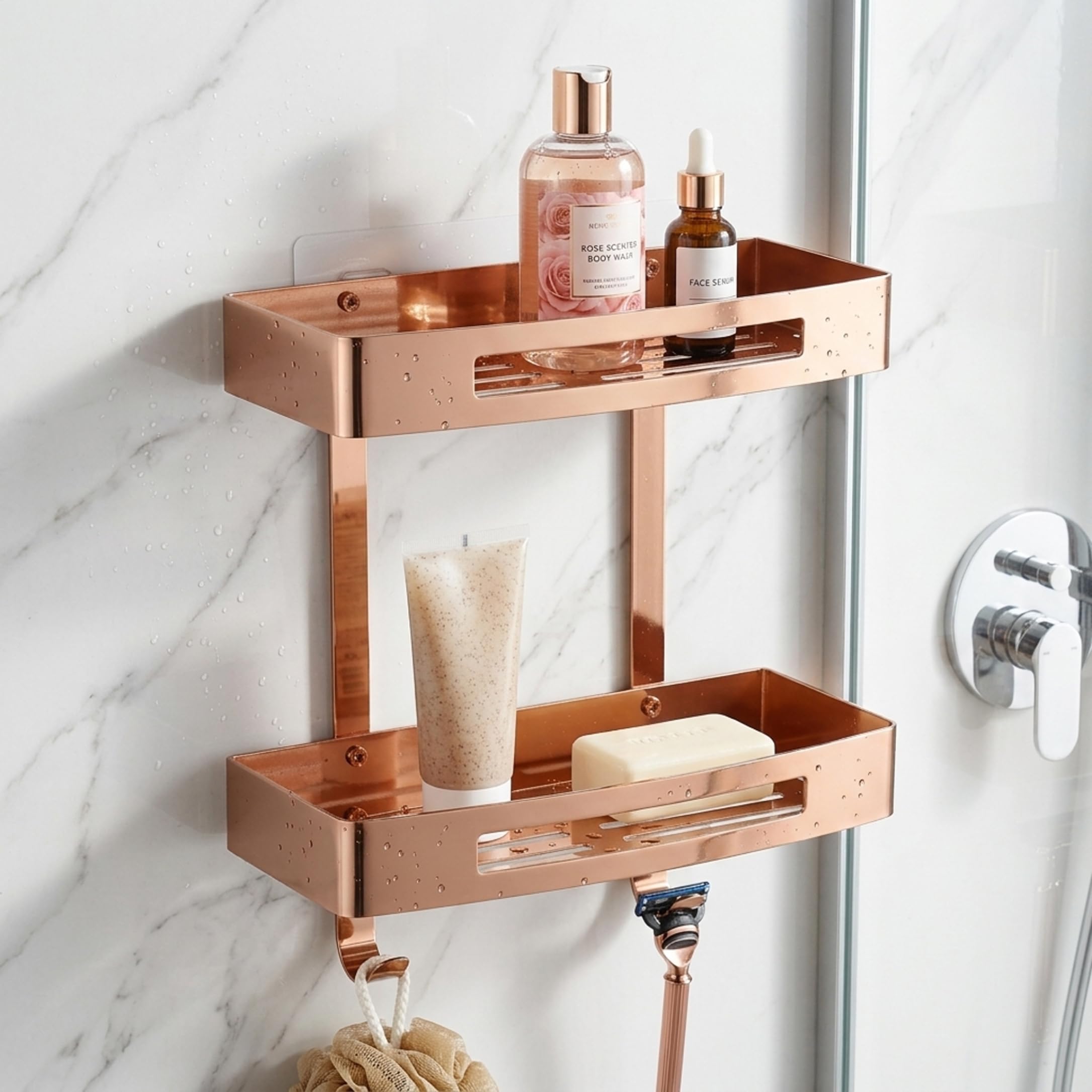 Estante de pared para baño, organizador de ducha de doble nivel, estante de esquina de baño adhesivo de acero inoxidable 304, organizador de pared sin taladrar con ganchos, oro rosa
